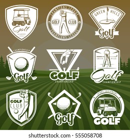 Vintage Golf Club Logos With Cart Player And Ball On Green Lawn Background Isolated Vector Illustration