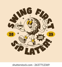 Vintage golf design with cheerful coffee loving ball character