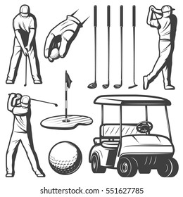 Vintage Golf Elements Collection With Player Flag Cart Different Clubs And Ball Isolated Vector Illustration