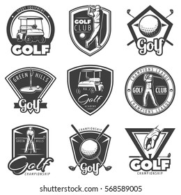 Vintage golf labels set for club with different game elements in monochrome style isolated vector illustration