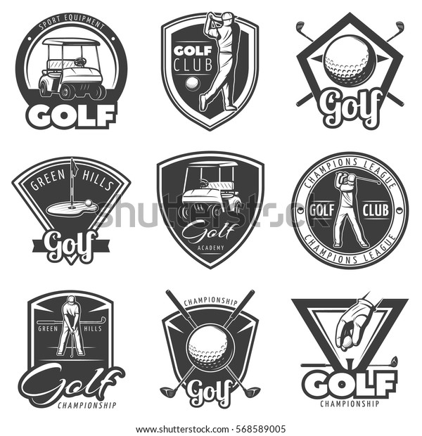 Vintage golf labels\
set for club with different game elements in monochrome style\
isolated vector\
illustration