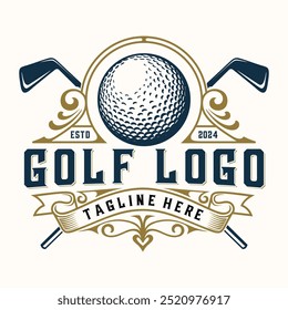 Logotipo vintage del golf. palo de golf y estilo vintage de la decoración del ornamento de la pelota de golf para el deporte del golf.