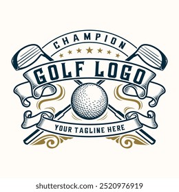 Logotipo vintage del golf. palo de golf y estilo vintage de la decoración del ornamento de la pelota de golf para el deporte del golf.