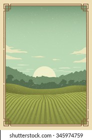 Vintage golf poster background with a golf lawn, forest skyline, sky and s?ratched texture.