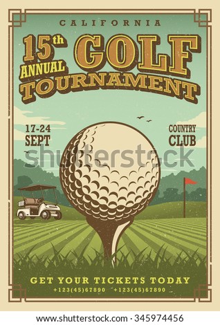 Vintage golf poster with a golf ball, golf car and flag on the golf lawn with text. Tournament theme. 