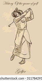 Vintage Golfer, an Woman. Freehand drawing, vector. Vector is easy editable in layers. Colored background is isolated.