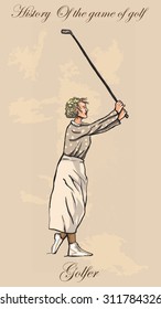 Vintage Golfer, an Woman. Freehand drawing, vector. Vector is easy editable in layers. Colored background is isolated.
