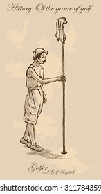 Vintage Golfer, an Woman. Freehand drawing, vector. Vector is easy editable in layers. Colored background is isolated.