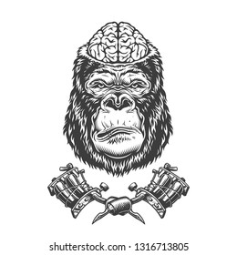 Vintage gorilla head with human brain and crossed tattoo machines in monochrome style isolated vector illustration