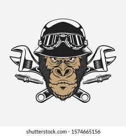 Vintage Gorilla head wearing motorcycle helmet with wrench and spark plug illustration for logo, apparel or other merchandise