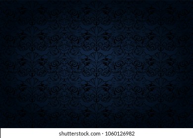 Vintage Gothic Background In Dark Blue And Black With A Classic Baroque Pattern, Rococo