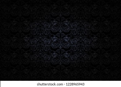 vintage Gothic background in dark grey and black with classic Baroque pattern, Rococo with darkened edges