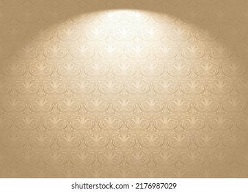 Vintage, de fondo gótico en color oro en barroco, estilo rococó con adorno clásico antiguo. Papel de oro real de lujo con iluminación escénica. Ilustración del vector