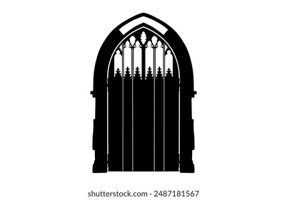 Clipart de la silueta de la puerta gótica de Antiguas, Vector de la puerta gótica Silueta negra aislada en un fondo blanco