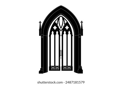 Vintage Gothic Door Silhouette Clipart, Gothic Door Vector Black Silhouette isolated on a white background