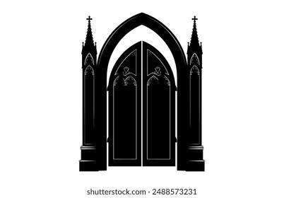 Clipart de la silueta de la puerta gótica de Antiguas, Vector de la puerta gótica Silueta negra aislada en un fondo blanco