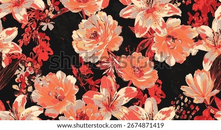 Vintage Gothic Flowers, Old School Style, Vivid Colors and Muted Colors, Color set, Hand Drawn Orchids, Jungle Leaf Themed, Artistic way, seamless pattern suitable for printing on surface trendy 