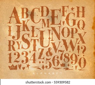 Vintage gothic font in retro style drawing on dirty paper background