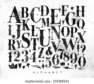 Vintage gothic font in retro style drawing on dirty paper background