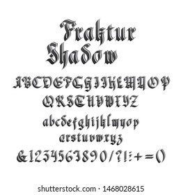 Vintage gothic font with shadow vector illustration. Unique decorative black capitals and lowercase calligraphic alphabet letters, numbers, symbols and signs on white background. Latin medieval type