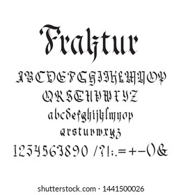 Vintage gothic font vector illustration. Set of unique decorative black capitals and lowercase calligraphic alphabet letters, numbers, symbols and signs on white background. Latin type medieval design