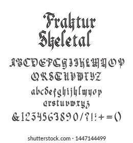 Vintage gothic font vector illustration. Set of unique decorative black capitals and lowercase calligraphic alphabet letters, numbers, symbols and signs on white for header or alcohol label design
