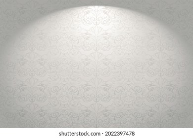 Vintage, fondo gótico horizontal en el barroco, estilo rococó. Lujoso tapiz blanco real con iluminación escénica. Ilustración del vector