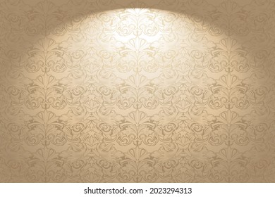 Vintage, Gothic Horizontal Background In The Baroque, Rococo Style. Luxurious, Royal Gold Wallpaper With Stage Lighting. Vector Illustration