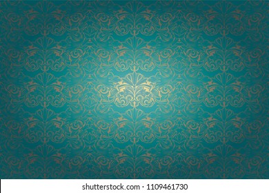vintage Gothic horizontal background in turquoise with gold with classic Baroque pattern, Rococo with darkened edges