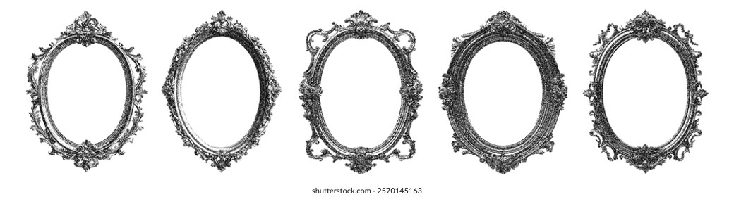 Vintage gothic mirror frames with stippled photocopy texture. Vector illustration of retro victorian ornate oval borders in antique baroque style. Design element for banner, halftone collage.