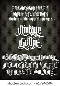 Vintage gothic - modern font on old fashion leather background. Letters with alternate decoration elements. Vector alphabet