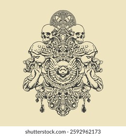 Vintage Gothic ornament featuring praying angels, skulls, and intricate baroque details, perfect for tattoo, illustration, or decorative design