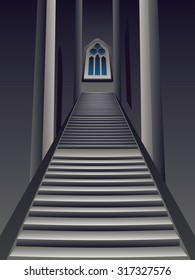 Vintage Gothic room interior with old stairs.