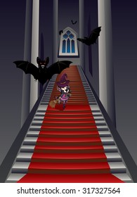 Vintage Gothic room interior with stairs and witch or vampire.