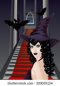 Vintage gothic room interior with stairs and witch or vampire.