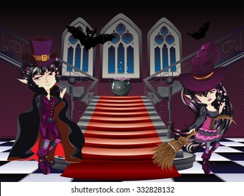 Vintage gothic room interior with stairs and witch or vampire.