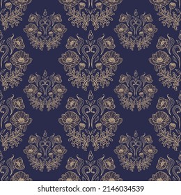 Vintage gothic seamless pattern of gold graceful poppy bud in art nouveau style. Botanical illustration for wallpaper, fabric printing, packaging