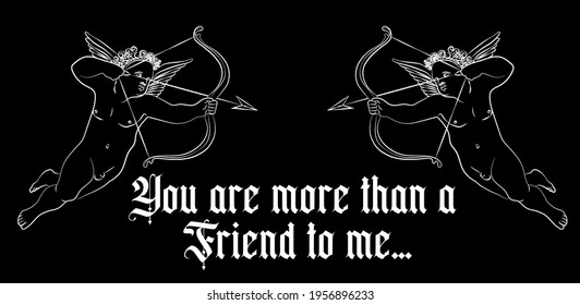 Vintage gothic slogan print with baby love angel eros with arrow for girl tee t shirt or sticker - Vector