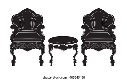 Vintage Gothic style armchairs and table furniture set. Vector 