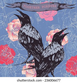 Vintage gothic vector picture with crows, roses and old-fashioned ribbon with text 