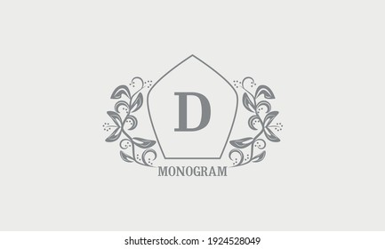 Vintage graceful floral monogram with initials D. Heraldic logo symbol with exclusive calligraphic design elements in gray tones. Business sign, identity for hotel, restaurant, jewelry.