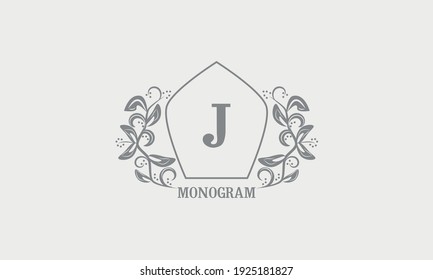 Vintage graceful floral monogram with initials J. Heraldic logo symbol with exclusive calligraphic design elements in gray tones. Business sign, identity for hotel, restaurant, jewelry.