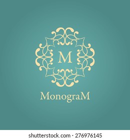 Vintage graceful monogram design template. Logo design isolated on retro blue radial gradient background. Vector illustration
