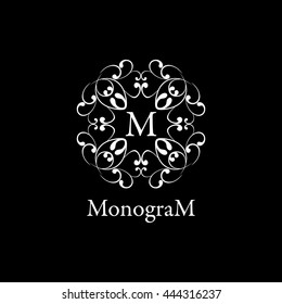 Vintage graceful monogram design template. Logo design in white color isolated on black background. Vector illustration