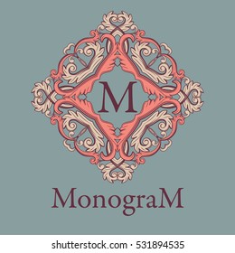 Vintage graceful monogram design template. Colored frame and letter isolated on vintage grey blue background. Vector illustration