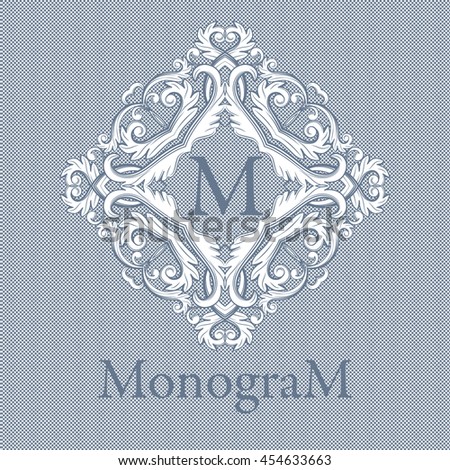 Vintage graceful monogram design template. Logo design in grey blue colors. Isolated on white lacy background. Vector illustration
