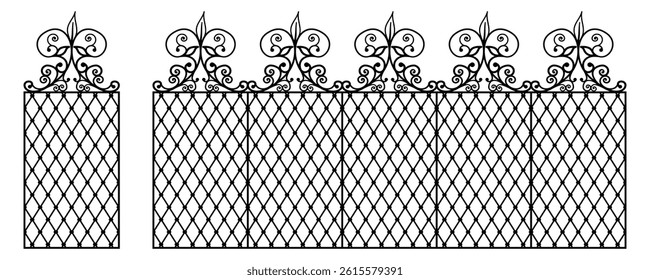 Vintage graceful vertical window grid silhouette. Iron gate door. Elegant vector garden door pattern