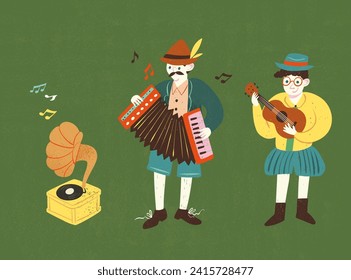 Vintage gramophone, accordion and ukulele musicians elements isolated on green background.