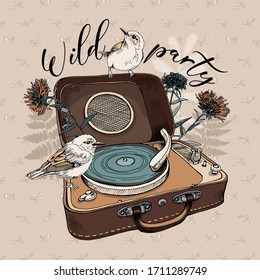 Vintage Gramophone and birds with Herbarium wildflowers, cornflowers, herbs flowers and leaves. T-shirt composition, hand drawn vector illustration.