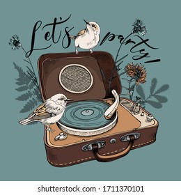 Vintage Gramophone and birds with Herbarium wildflowers, cornflowers, herbs flowers and leaves. T-shirt composition, hand drawn vector illustration.